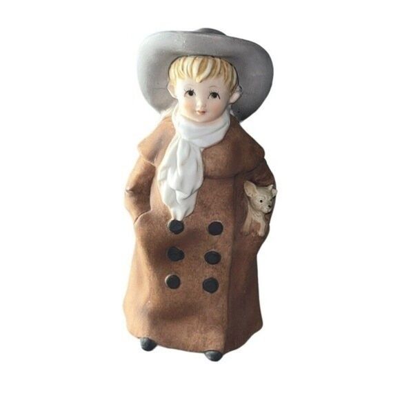 Lefton Vintage 1950s Porcelain Hand-painted Figurine Boy in Coat & Hat w/ Dog - Picture 1 of 14
